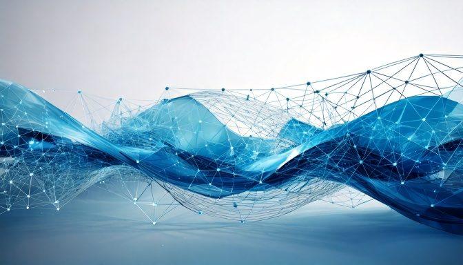 青いネットワークの波が流れる抽象イメージ