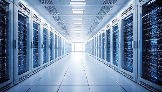 白基調のデータセンターに並ぶサーバーラック